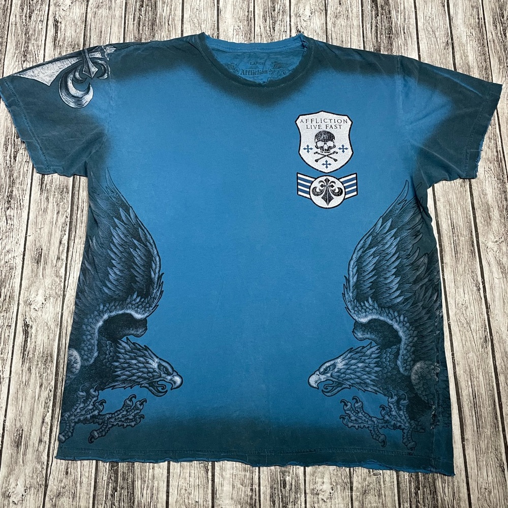 Adult Large Affliction Blue Live Fast Distressed Graphic Shirt Excellent Cond